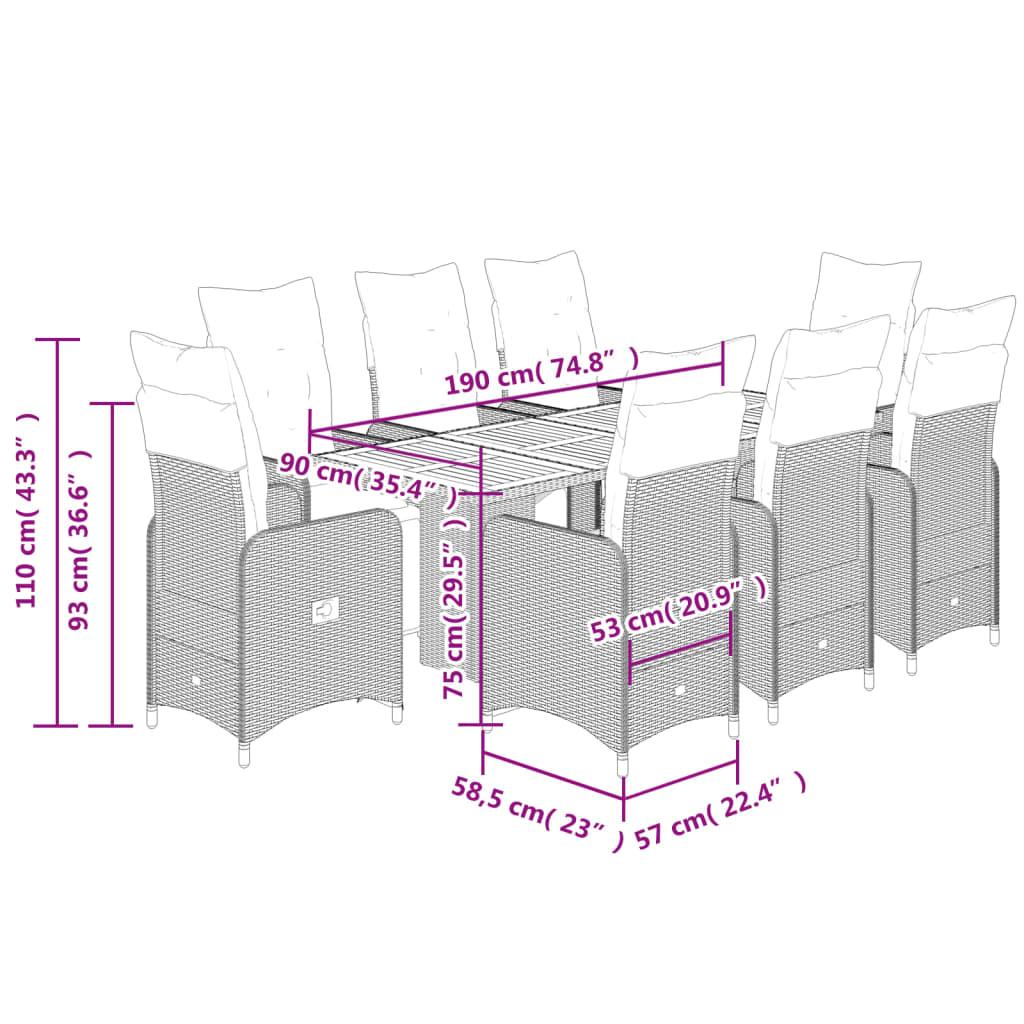9 Piece Garden Bistro Set with Cushions Grey Poly Rattan
