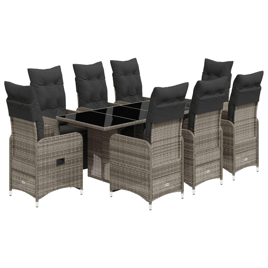 9 Piece Garden Bistro Set with Cushions Grey Poly Rattan