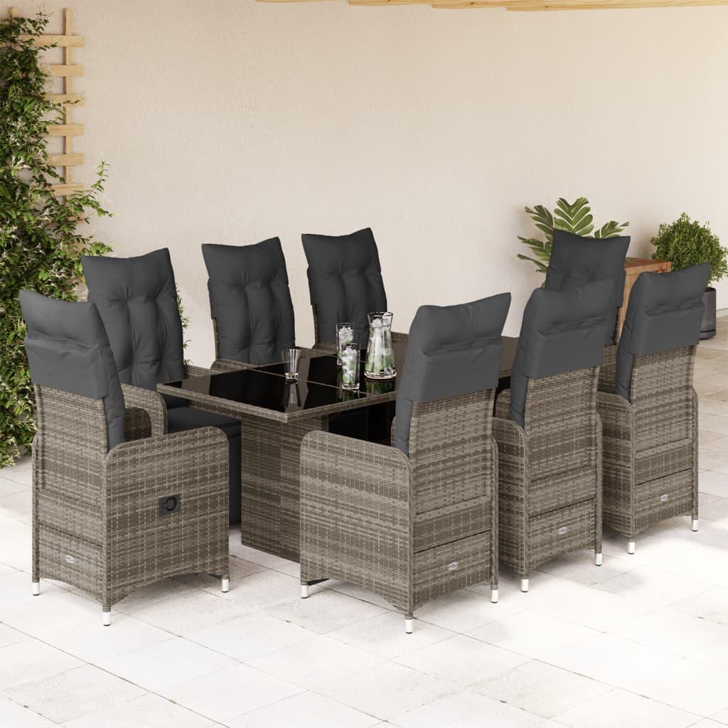 9 Piece Garden Bistro Set with Cushions Grey Poly Rattan