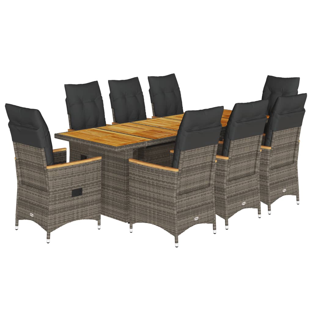 9 Piece Garden Bistro Set with Cushions Grey Poly Rattan