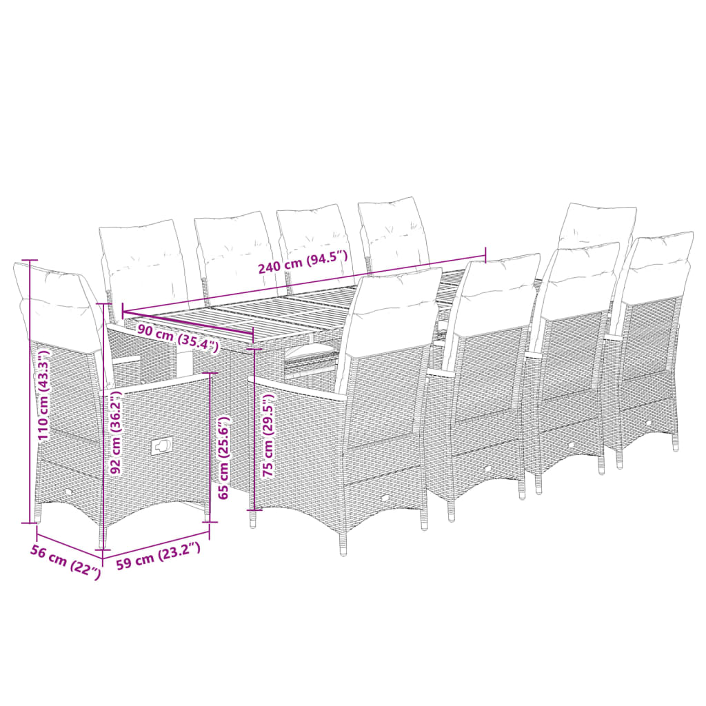 11 Piece Garden Bistro Set with Cushions Grey Poly Rattan