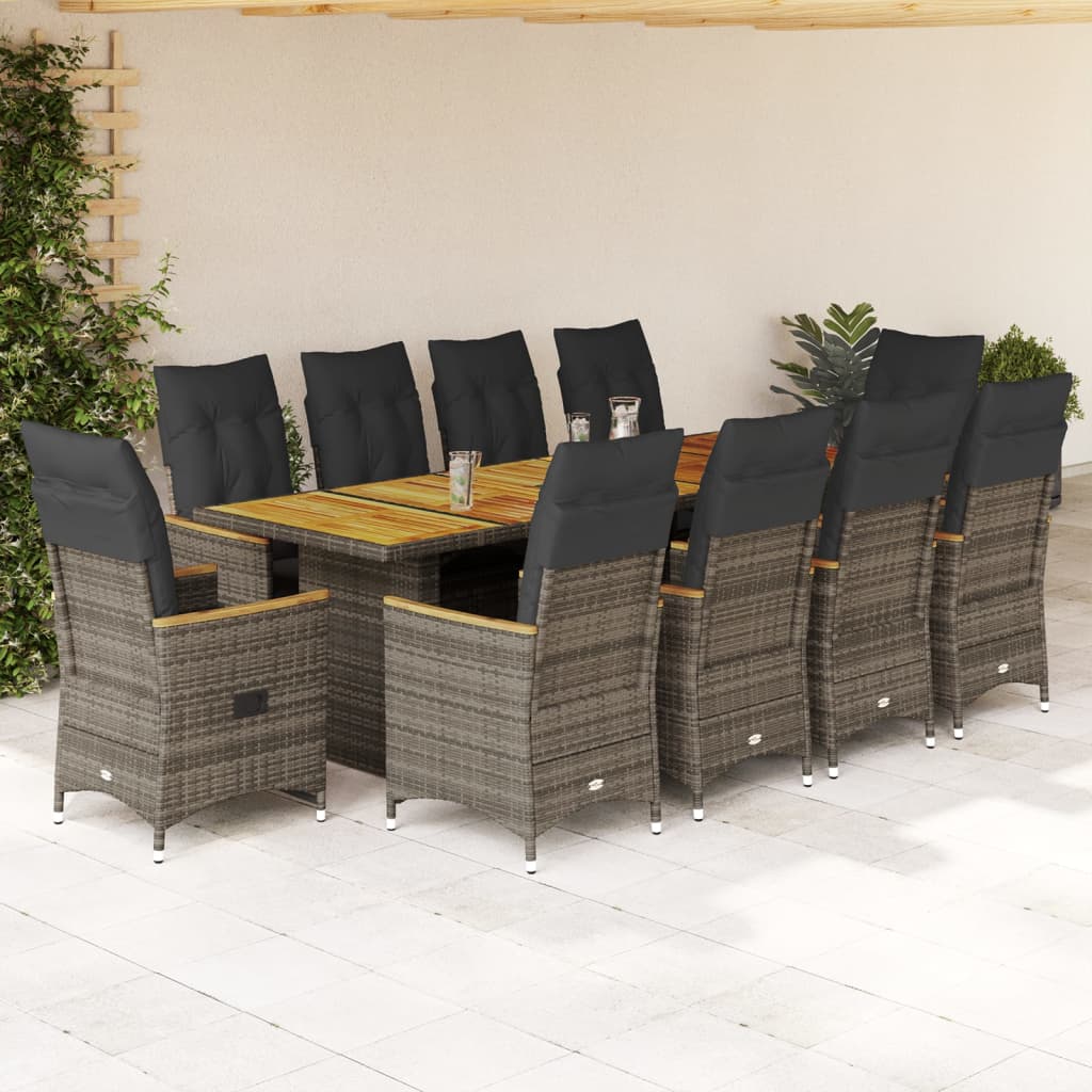 11 Piece Garden Bistro Set with Cushions Grey Poly Rattan
