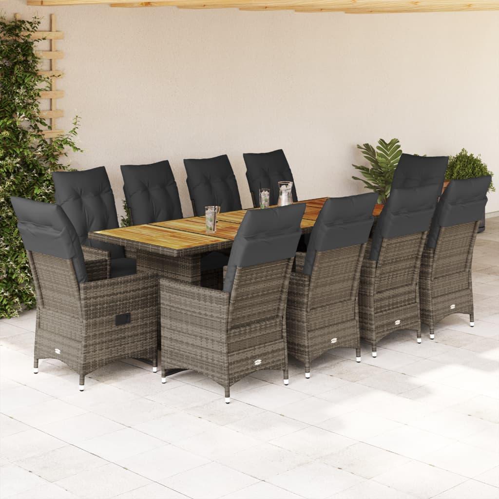 11 Piece Garden Bistro Set with Cushions Grey Poly Rattan