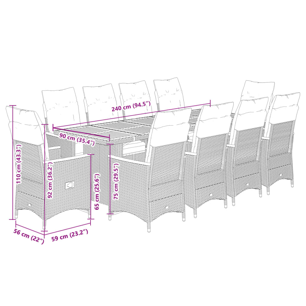 11 Piece Garden Bistro Set with Cushions Grey Poly Rattan