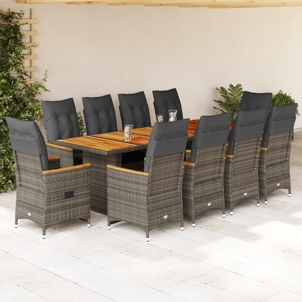 11 Piece Garden Bistro Set with Cushions Grey Poly Rattan