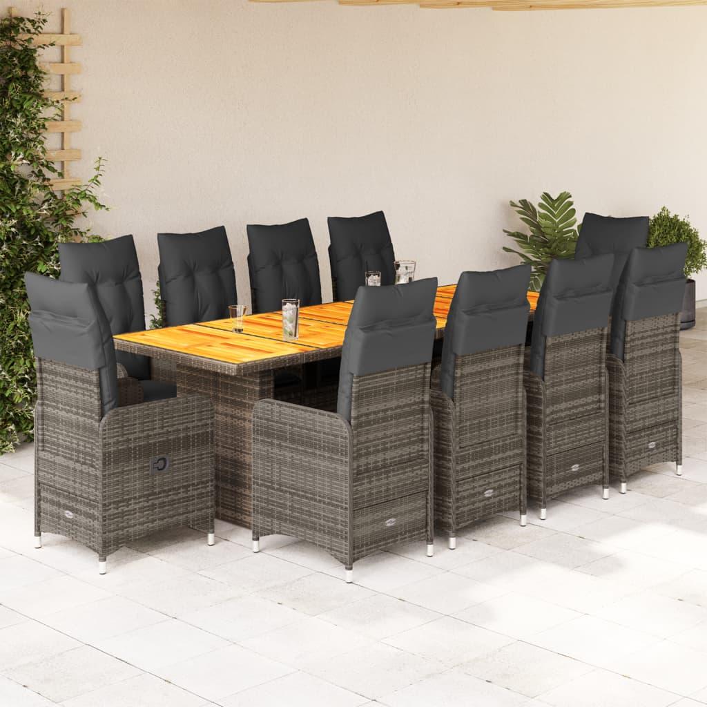 11 Piece Garden Bistro Set with Cushions Grey Poly Rattan