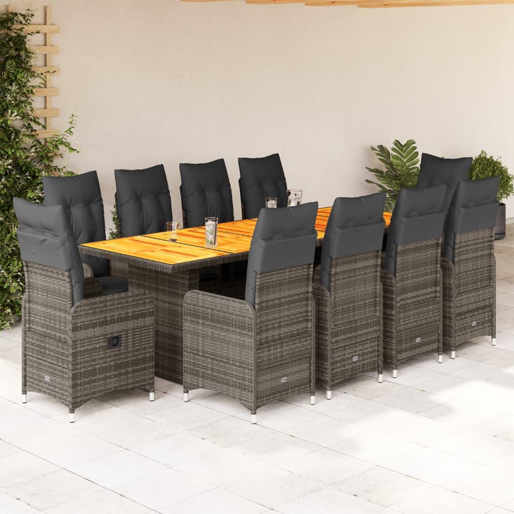 11 Piece Garden Bistro Set with Cushions Grey Poly Rattan