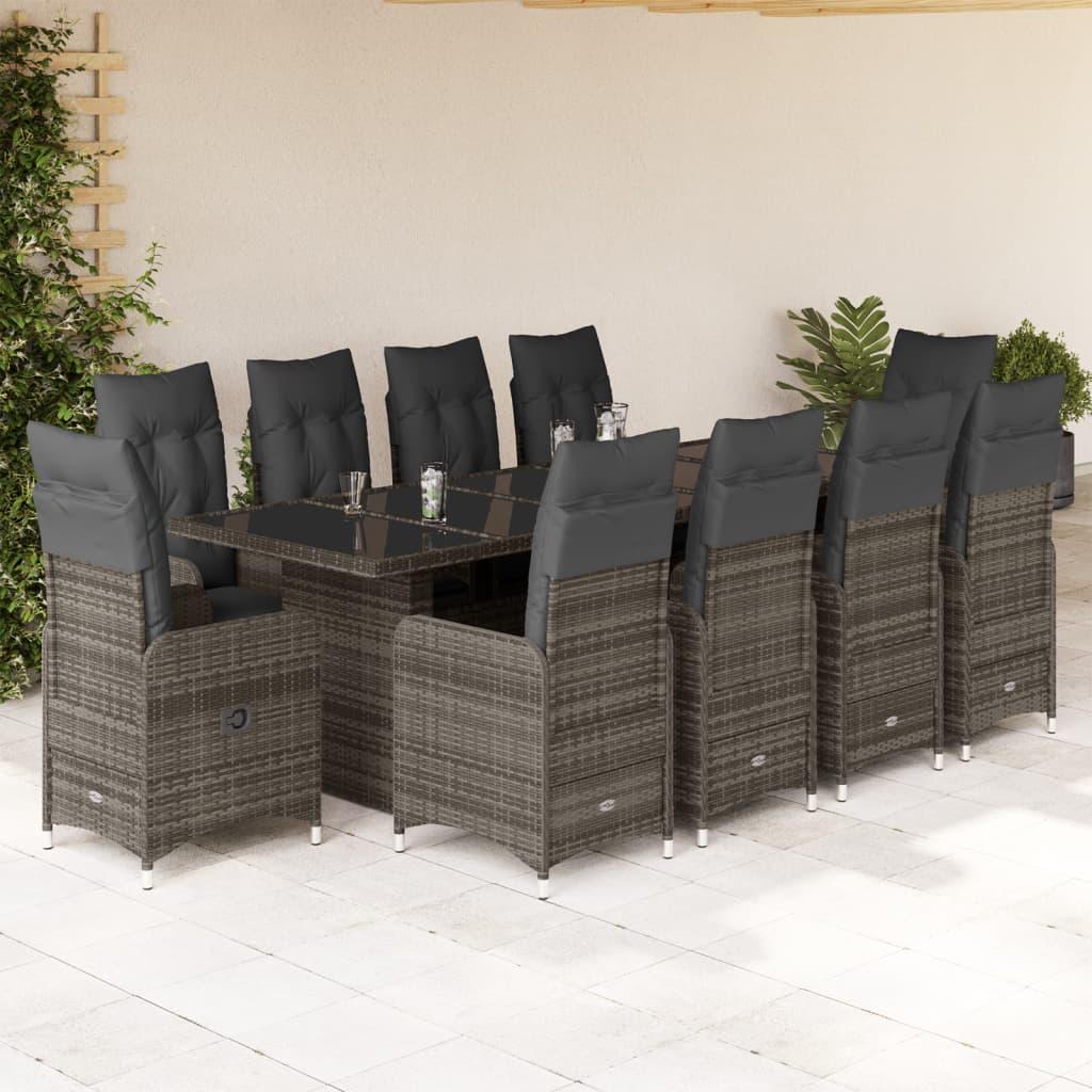 11 Piece Garden Bistro Set with Cushions Grey Poly Rattan