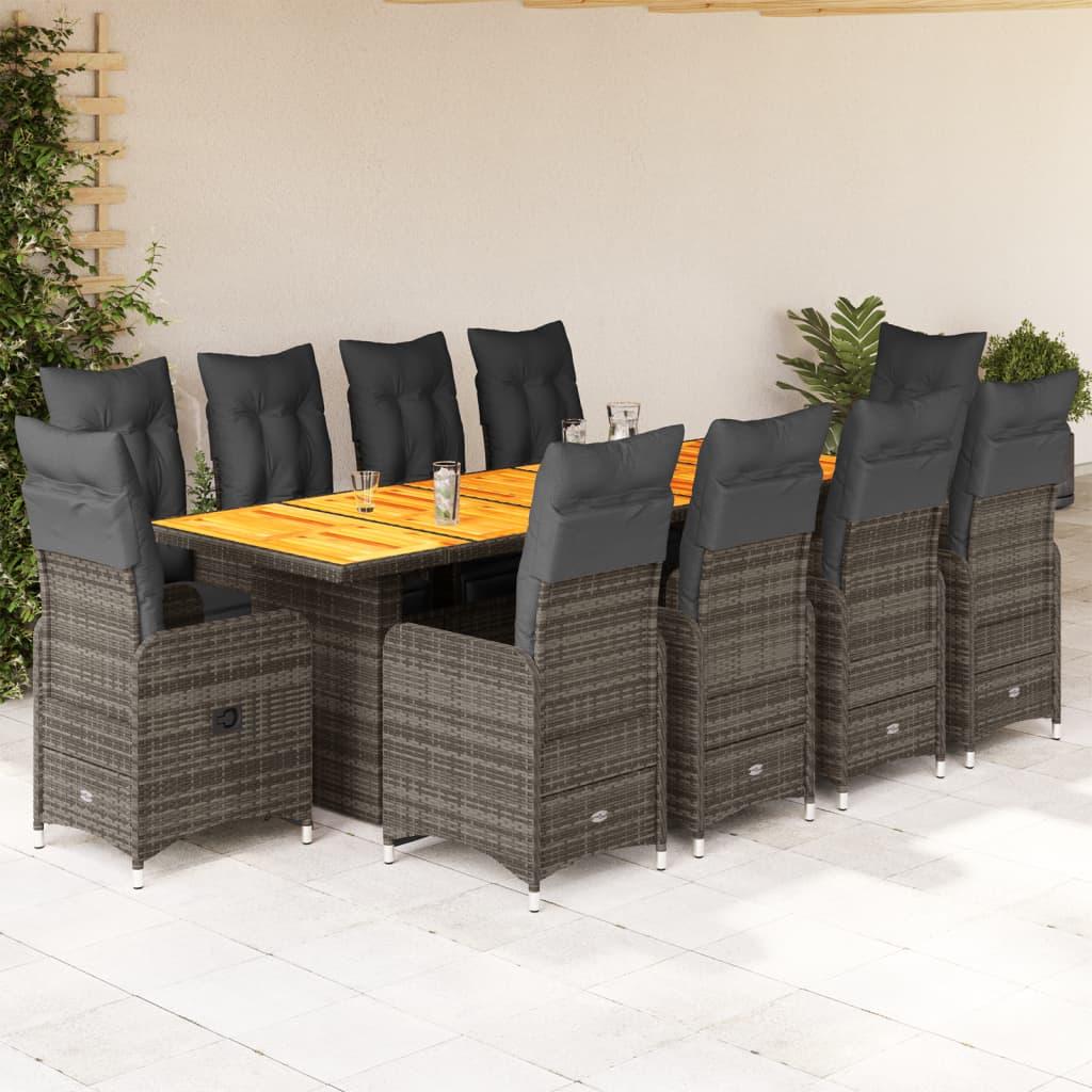 11 Piece Garden Bistro Set with Cushions Grey Poly Rattan