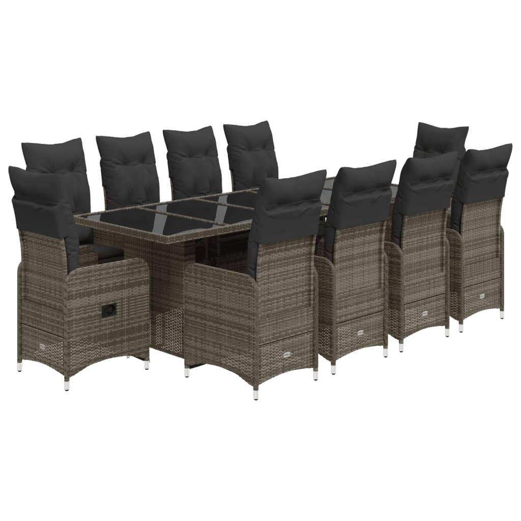 11 Piece Garden Bistro Set with Cushions Grey Poly Rattan