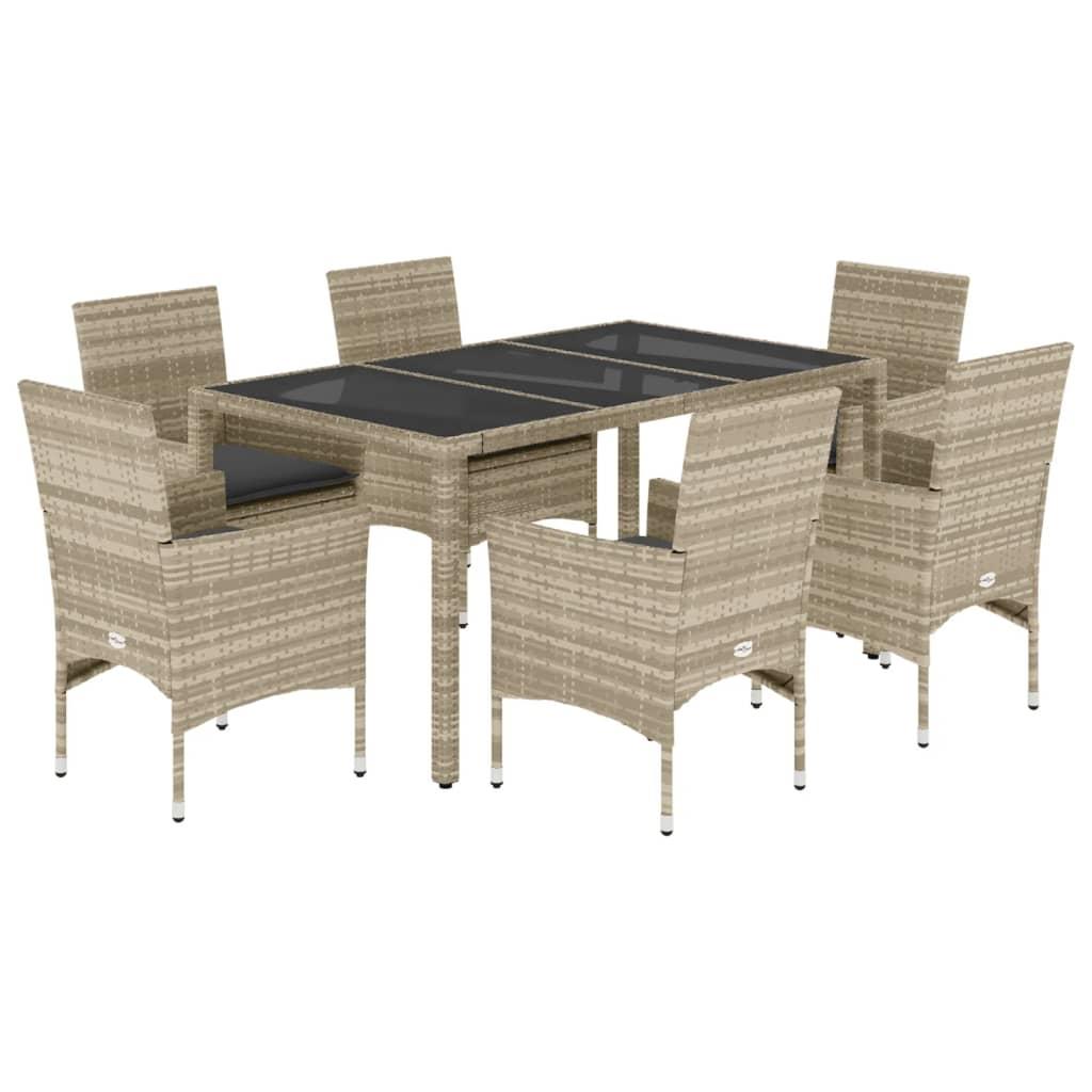 7 Piece Garden Dining Set with Cushions Light Grey Poly Rattan and Glass