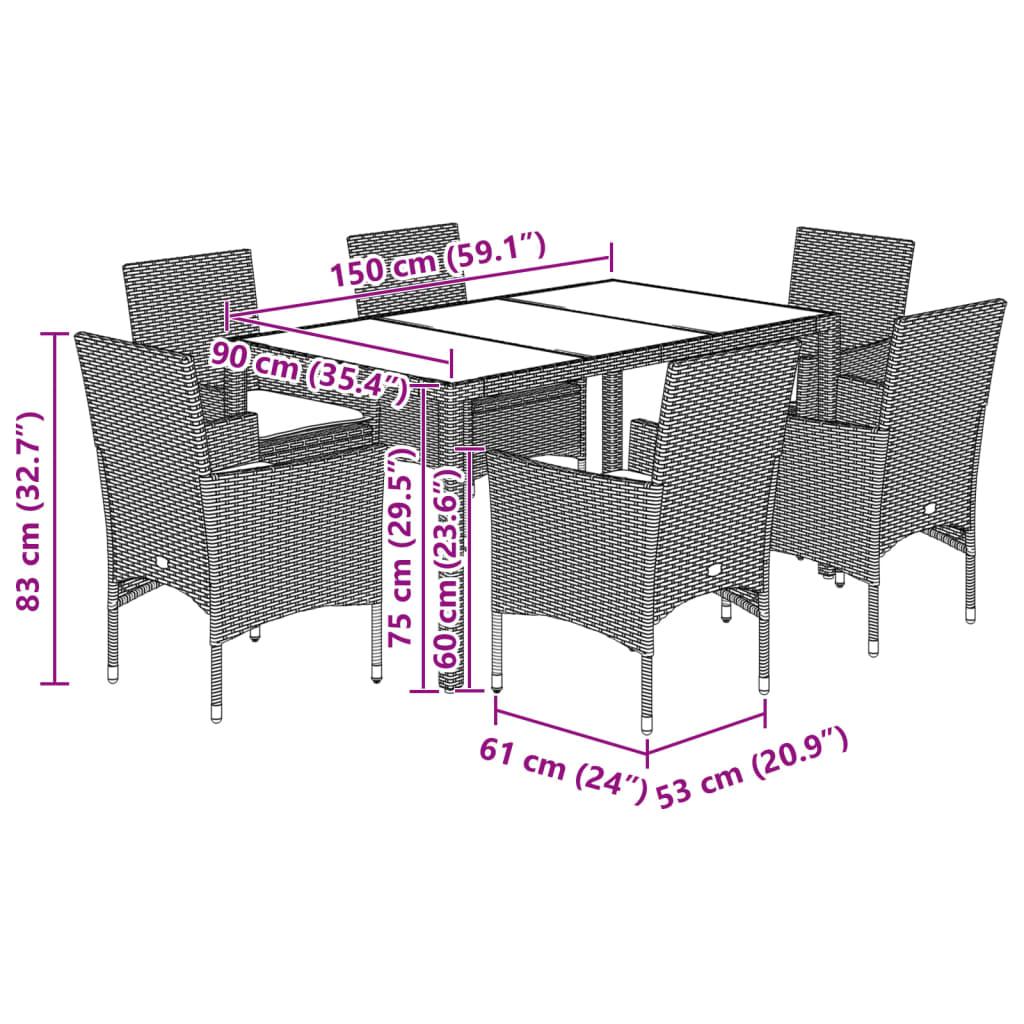 7 Piece Garden Dining Set with Cushions Light Grey Poly Rattan and Glass