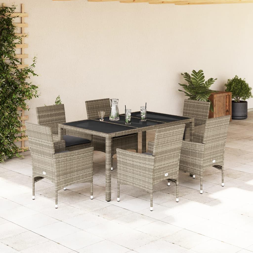 7 Piece Garden Dining Set with Cushions Light Grey Poly Rattan and Glass