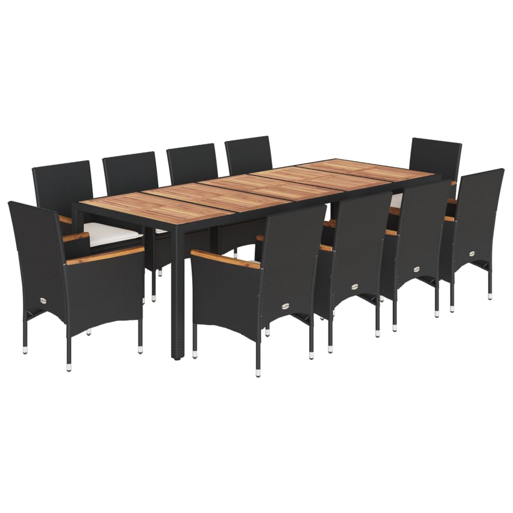 11 Piece Garden Dining Set with Cushions Black Poly Rattan and Acacia