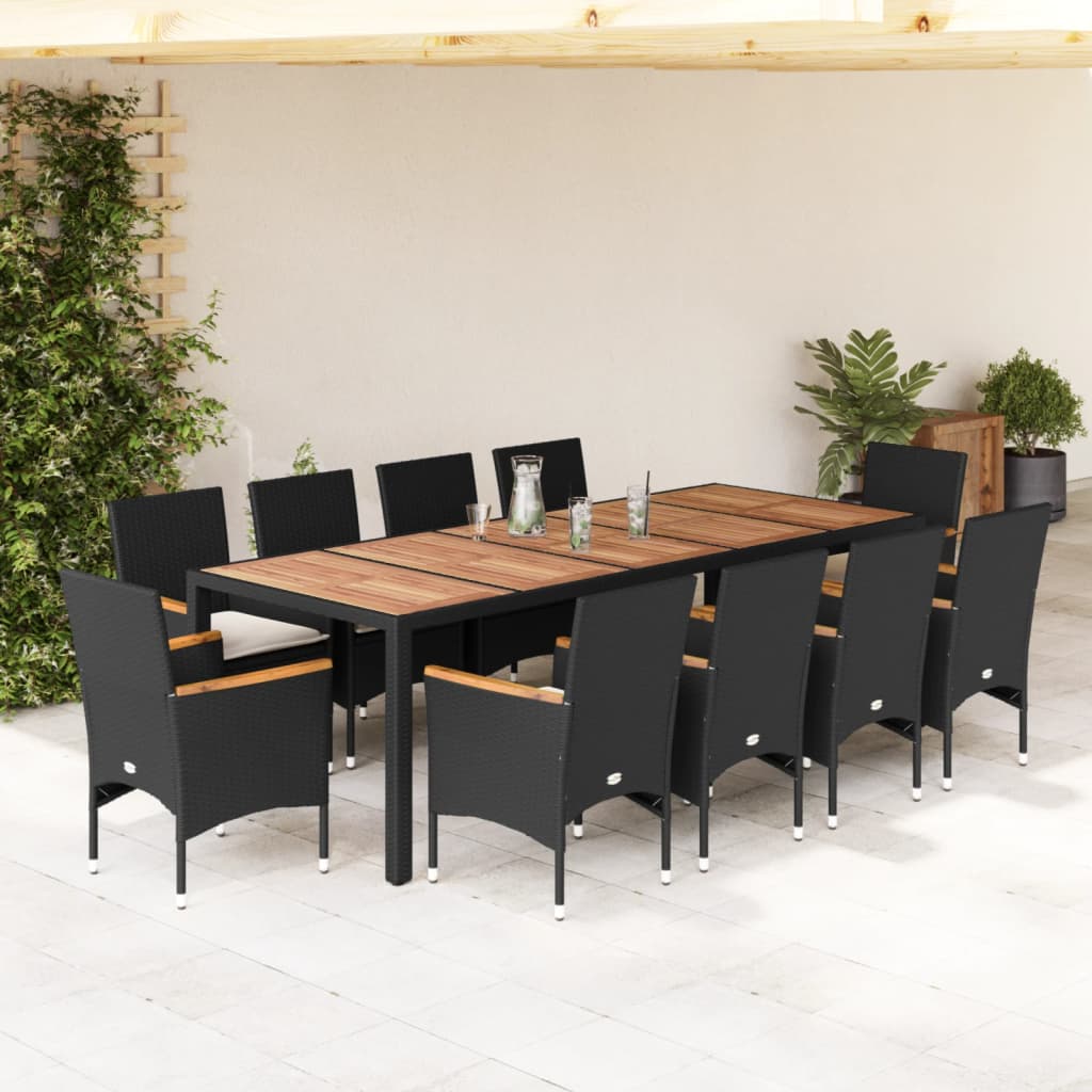 11 Piece Garden Dining Set with Cushions Black Poly Rattan and Acacia