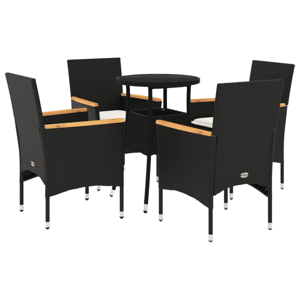 5 Piece Garden Dining Set with Cushions Black Poly Rattan and Glass