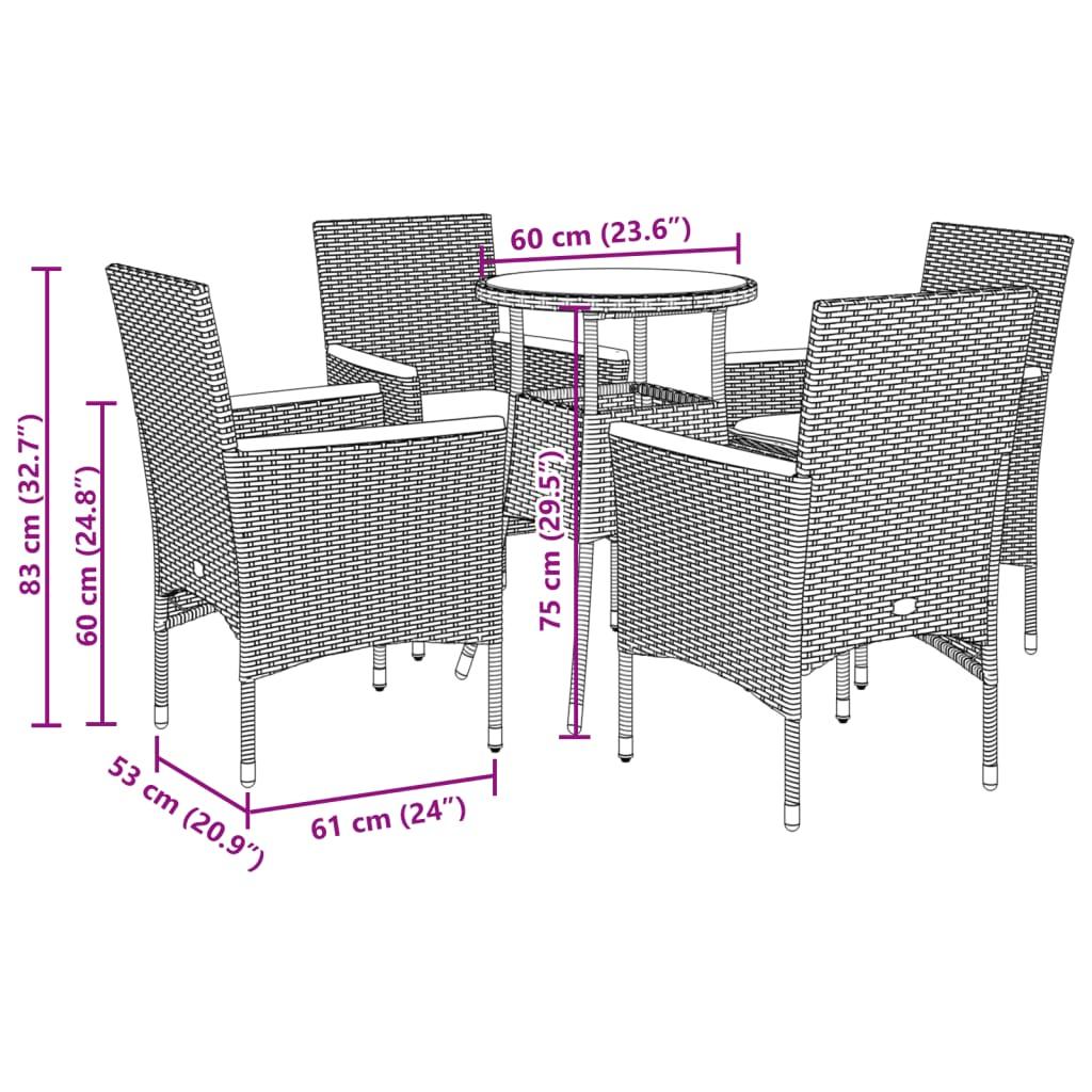 5 Piece Garden Dining Set with Cushions Black Poly Rattan and Glass