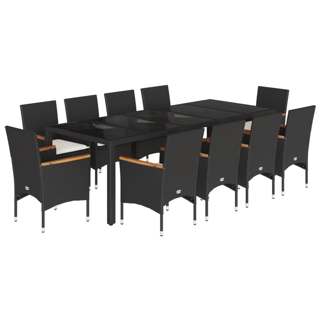 11 Piece Garden Dining Set with Cushions Black Poly Rattan and Glass