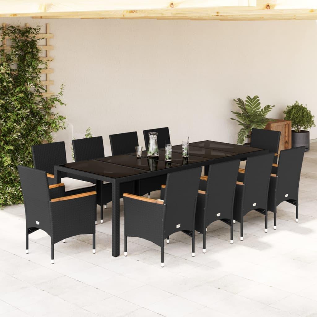 11 Piece Garden Dining Set with Cushions Black Poly Rattan and Glass