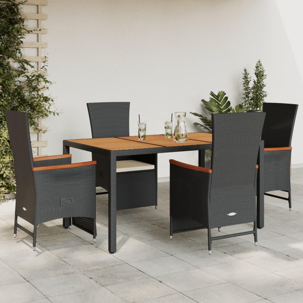 5 Piece Garden Dining Set with Cushions Black Poly Rattan