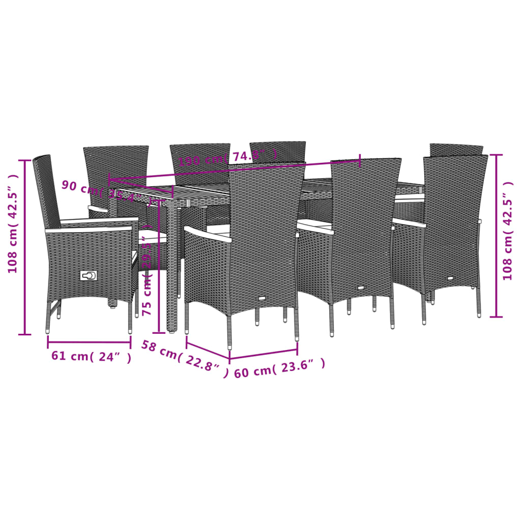 9 Piece Garden Dining Set with Cushions Black Poly Rattan