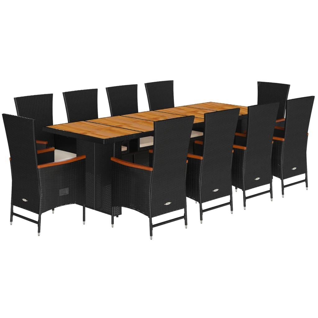 11 Piece Garden Dining Set with Cushions Black Poly Rattan