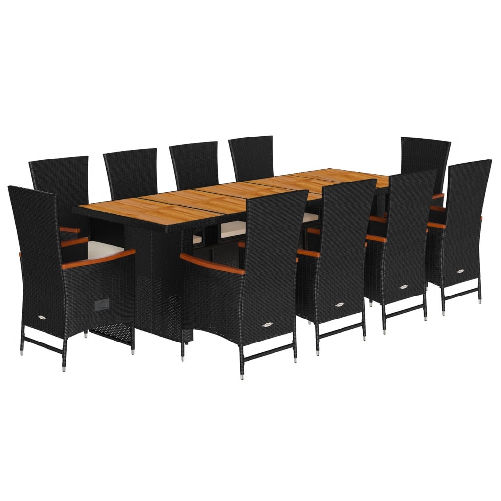 11 Piece Garden Dining Set with Cushions Black Poly Rattan