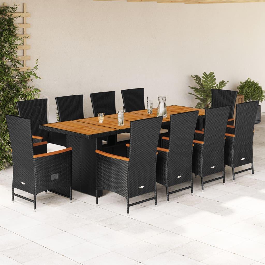 11 Piece Garden Dining Set with Cushions Black Poly Rattan