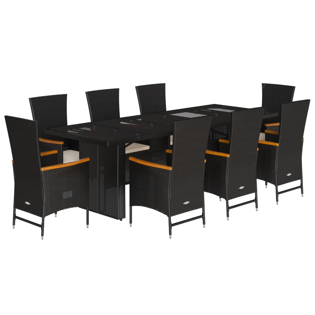 9 Piece Garden Dining Set with Cushions Black Poly Rattan