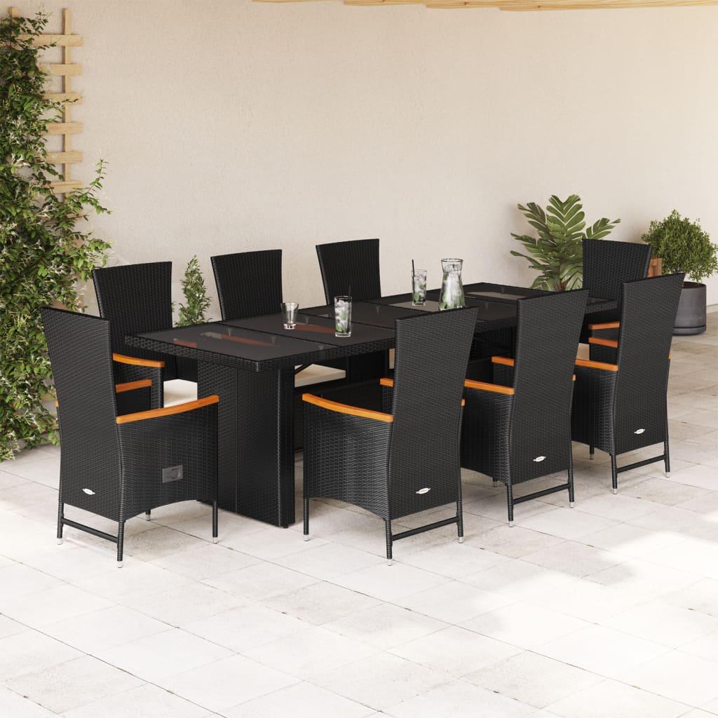 9 Piece Garden Dining Set with Cushions Black Poly Rattan