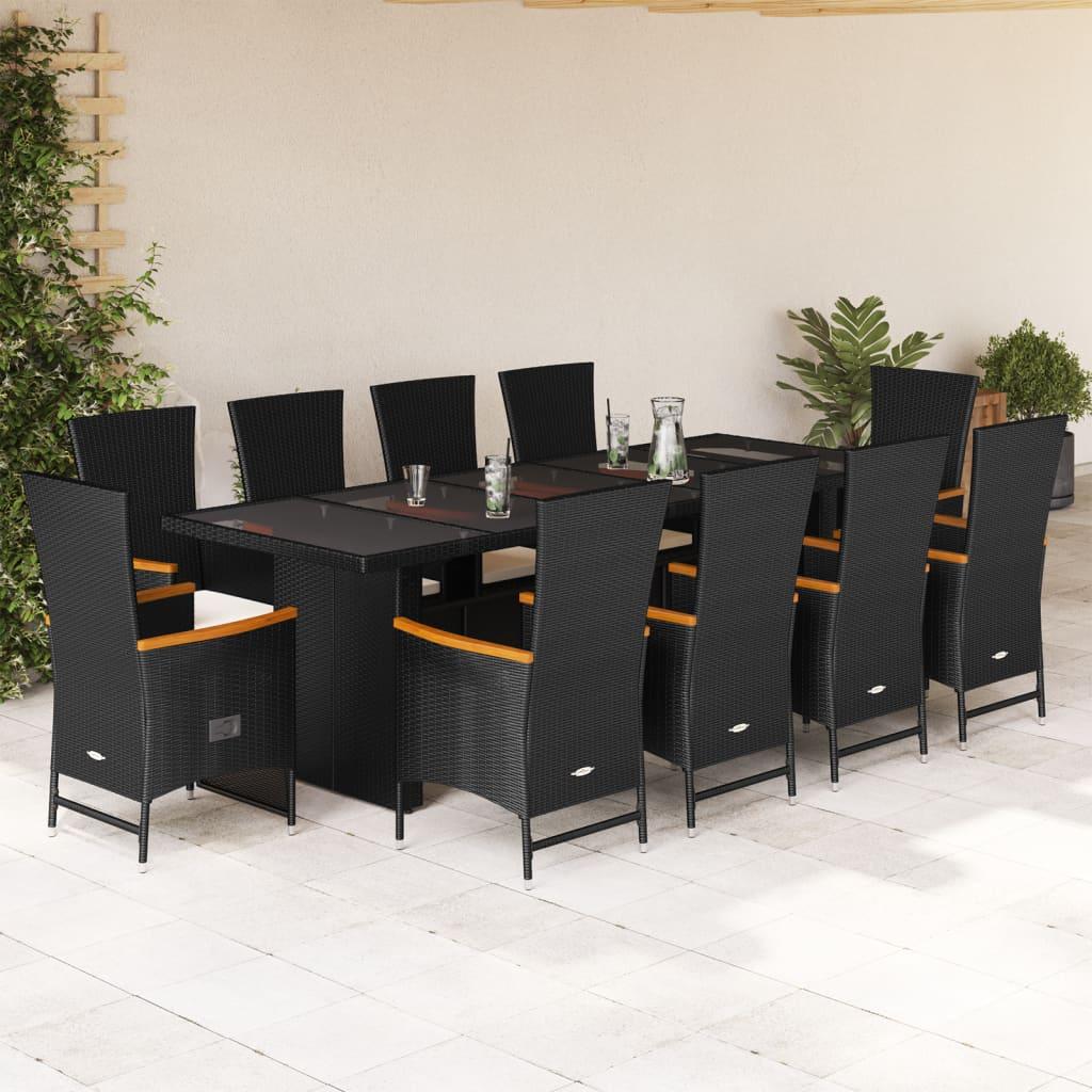 11 Piece Garden Dining Set with Cushions Black Poly Rattan