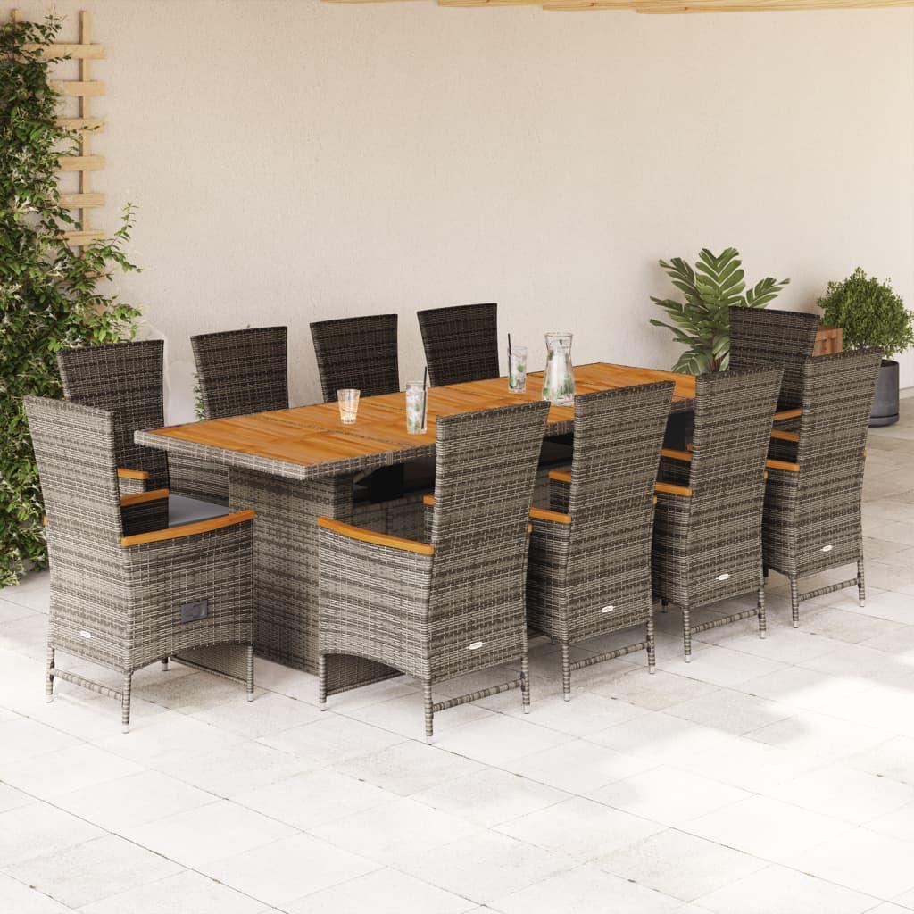 11 Piece Garden Dining Set with Cushions Grey Poly Rattan