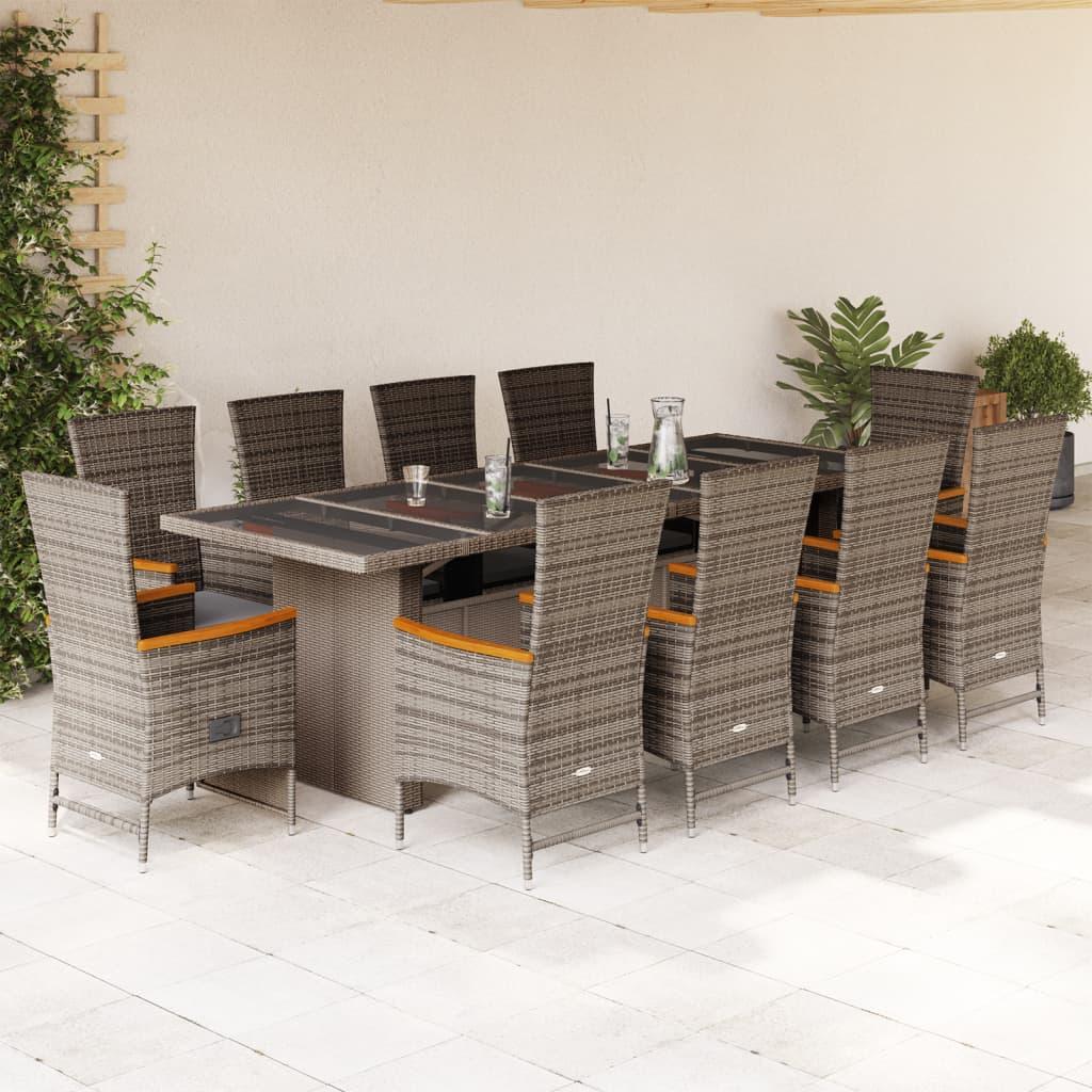 11 Piece Garden Dining Set with Cushions Grey Poly Rattan