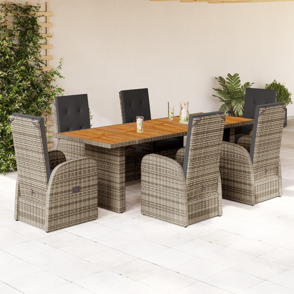 7 Piece Garden Dining Set with Cushions Grey Poly Rattan