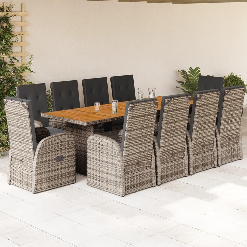 11 Piece Garden Dining Set with Cushions Grey Poly Rattan