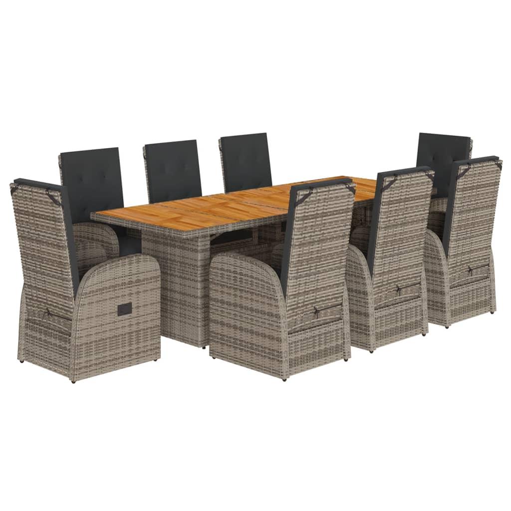 9 Piece Garden Dining Set with Cushions Grey Poly Rattan