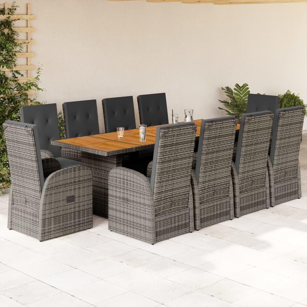 11 Piece Garden Dining Set with Cushions Grey Poly Rattan