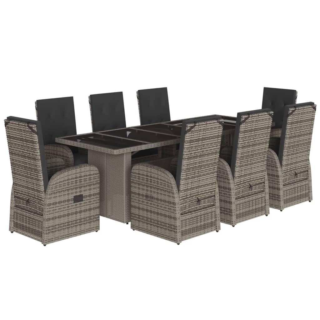9 Piece Garden Dining Set with Cushions Grey Poly Rattan