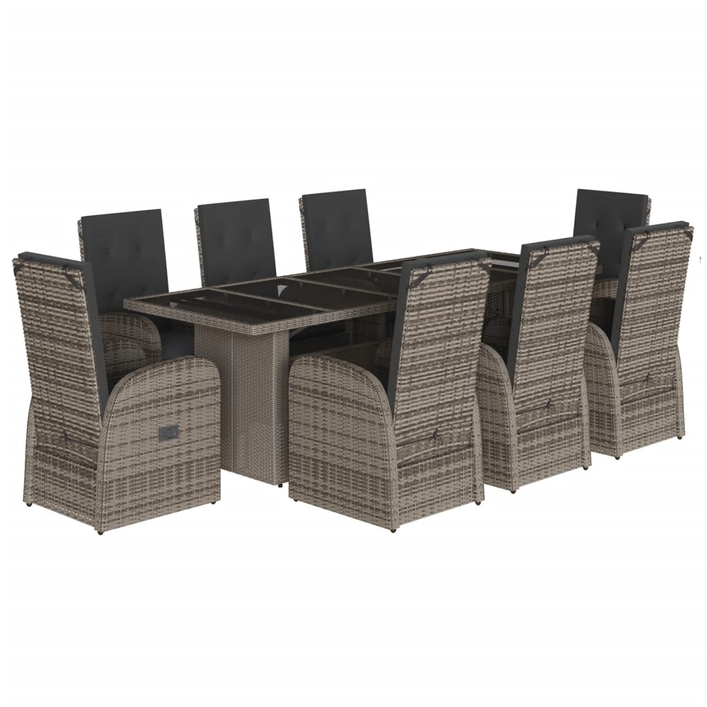 9 Piece Garden Dining Set with Cushions Grey Poly Rattan