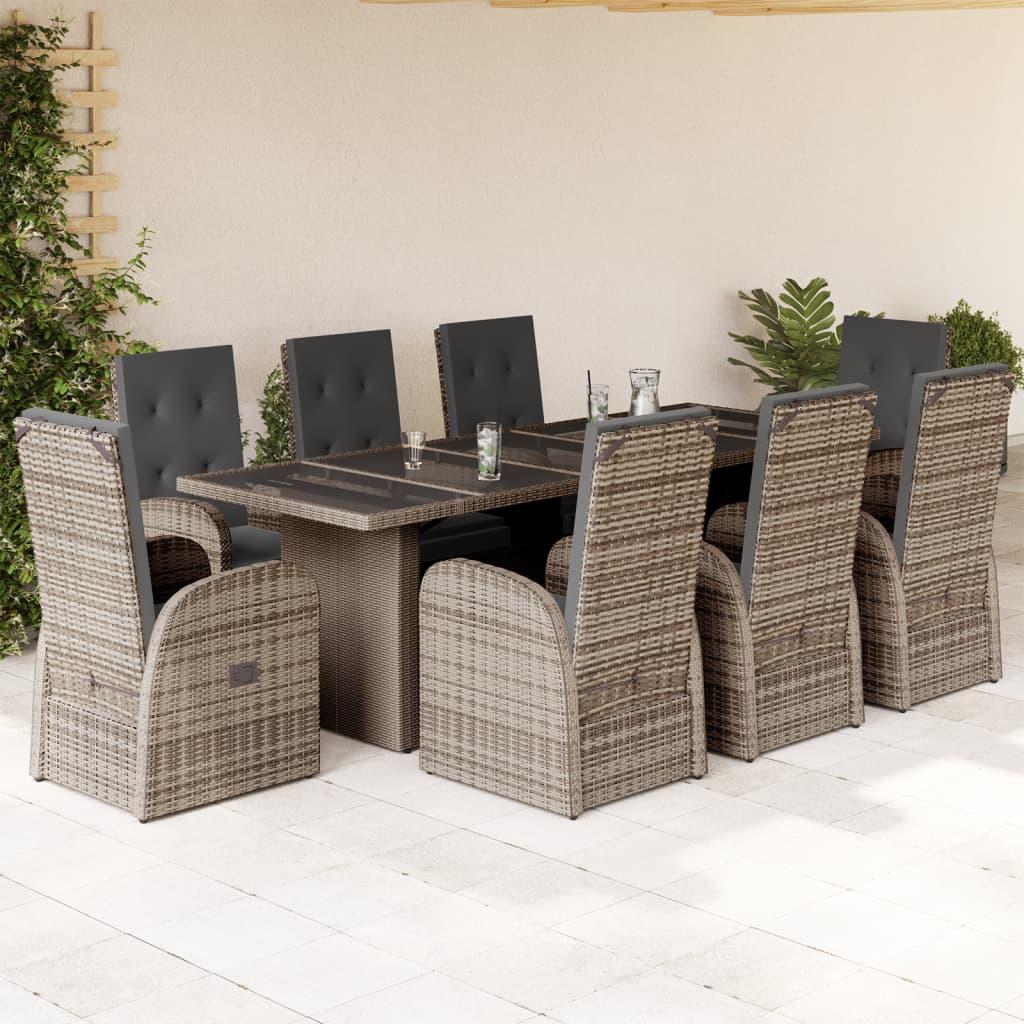 9 Piece Garden Dining Set with Cushions Grey Poly Rattan