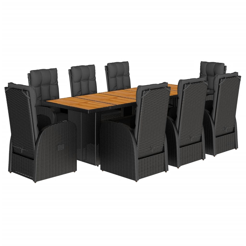 9 Piece Garden Dining Set with Cushions Black Poly Rattan