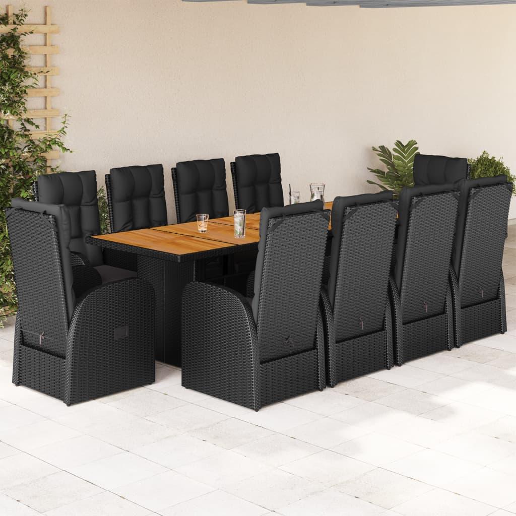 11 Piece Garden Dining Set with Cushions Black Poly Rattan