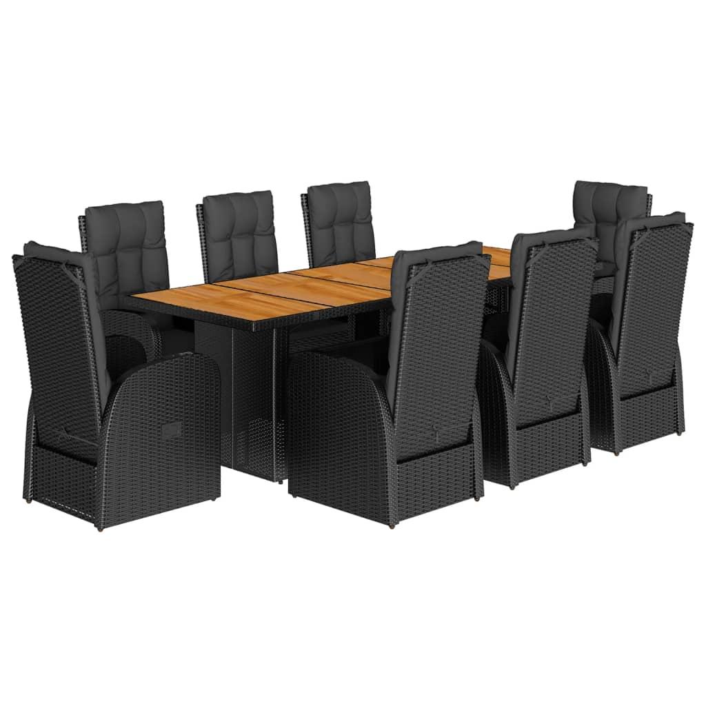 9 Piece Garden Dining Set with Cushions Black Poly Rattan