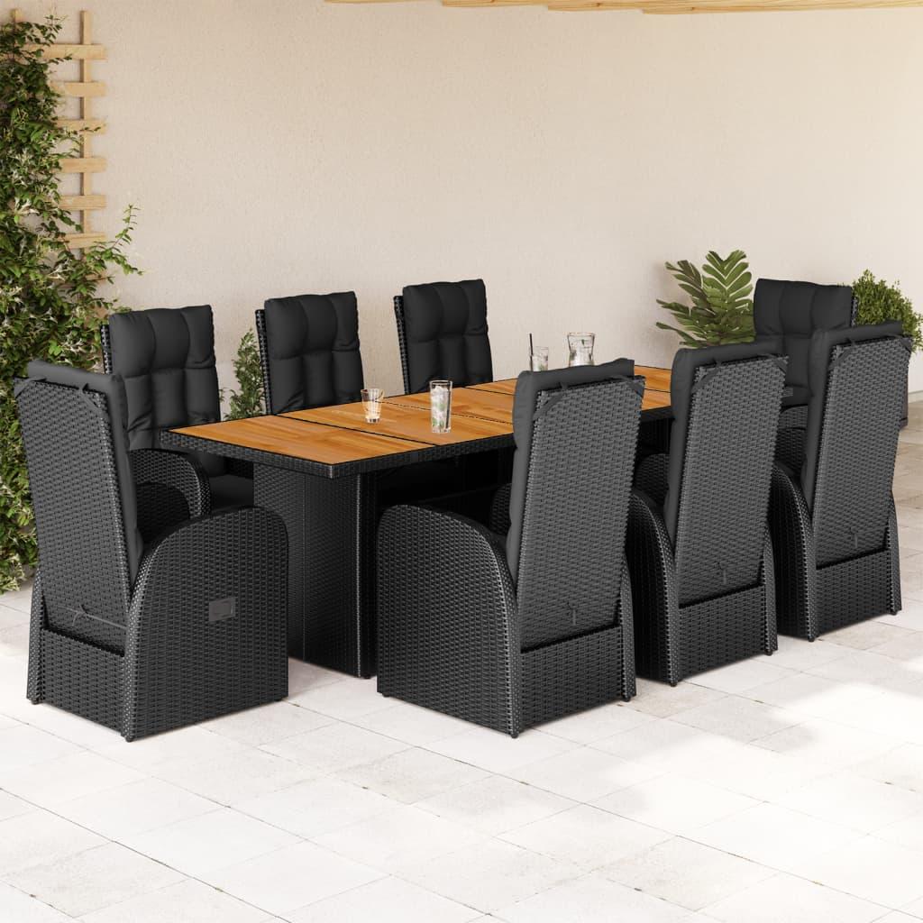 9 Piece Garden Dining Set with Cushions Black Poly Rattan