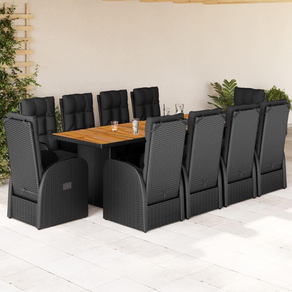 11 Piece Garden Dining Set with Cushions Black Poly Rattan