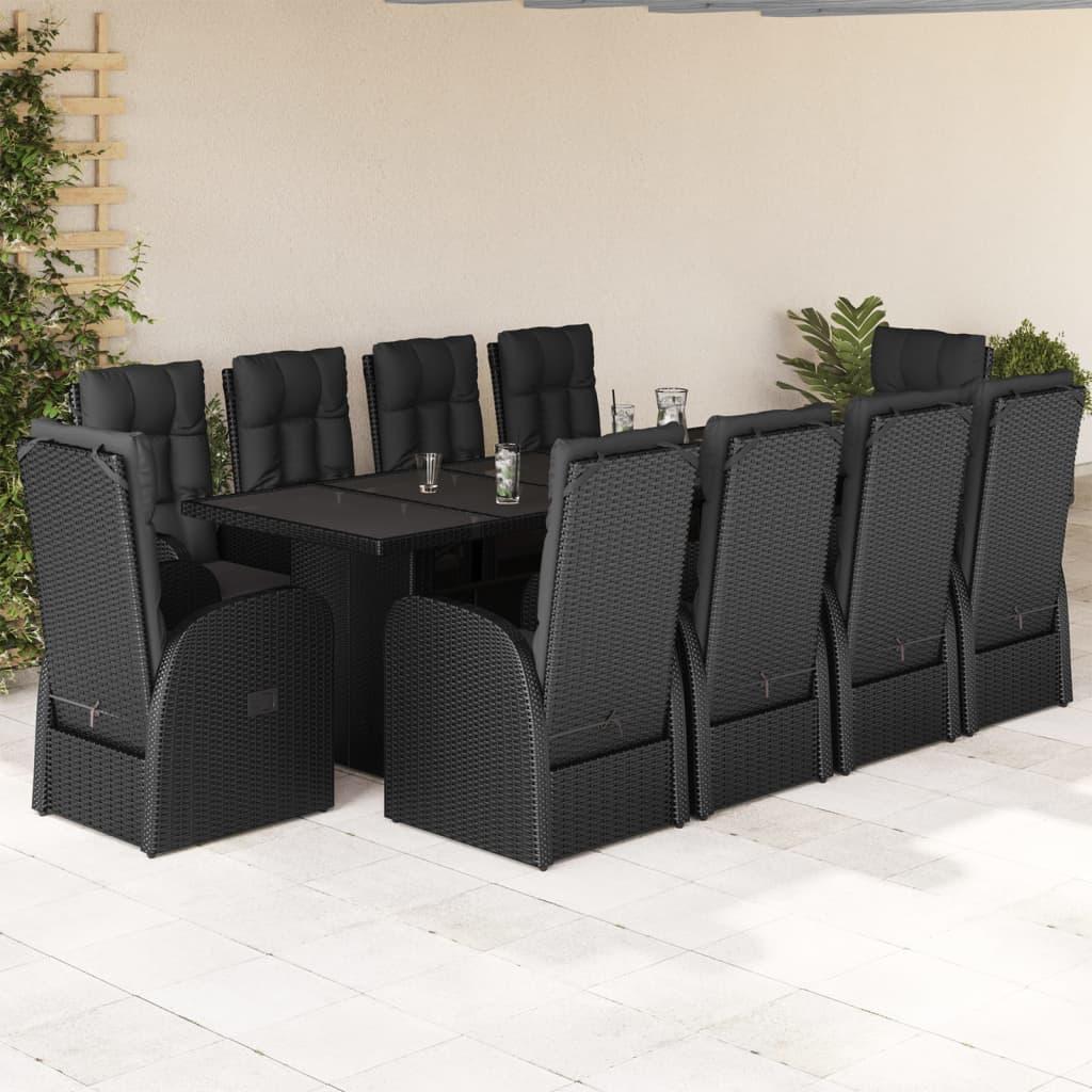 11 Piece Garden Dining Set with Cushions Black Poly Rattan