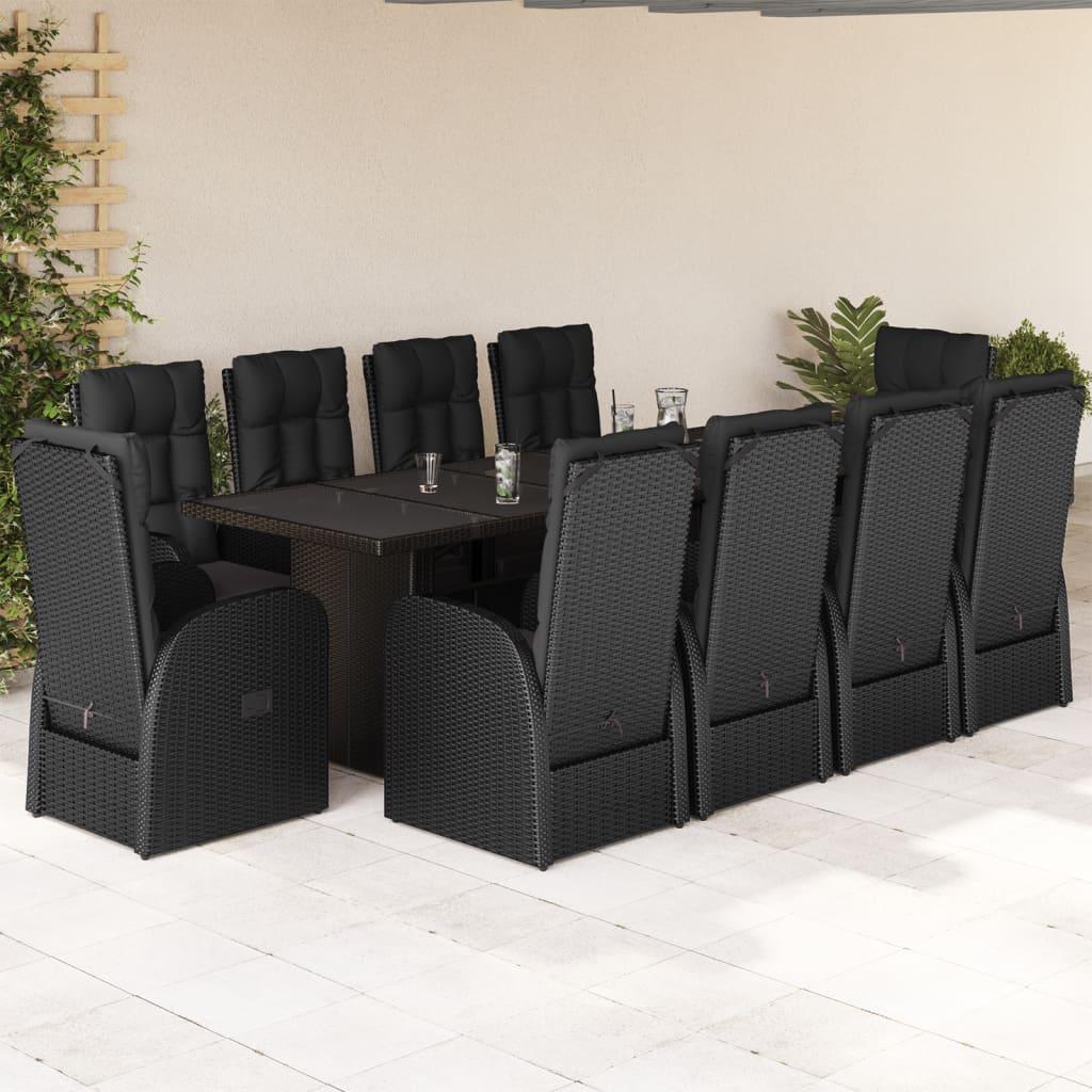 11 Piece Garden Dining Set with Cushions Black Poly Rattan