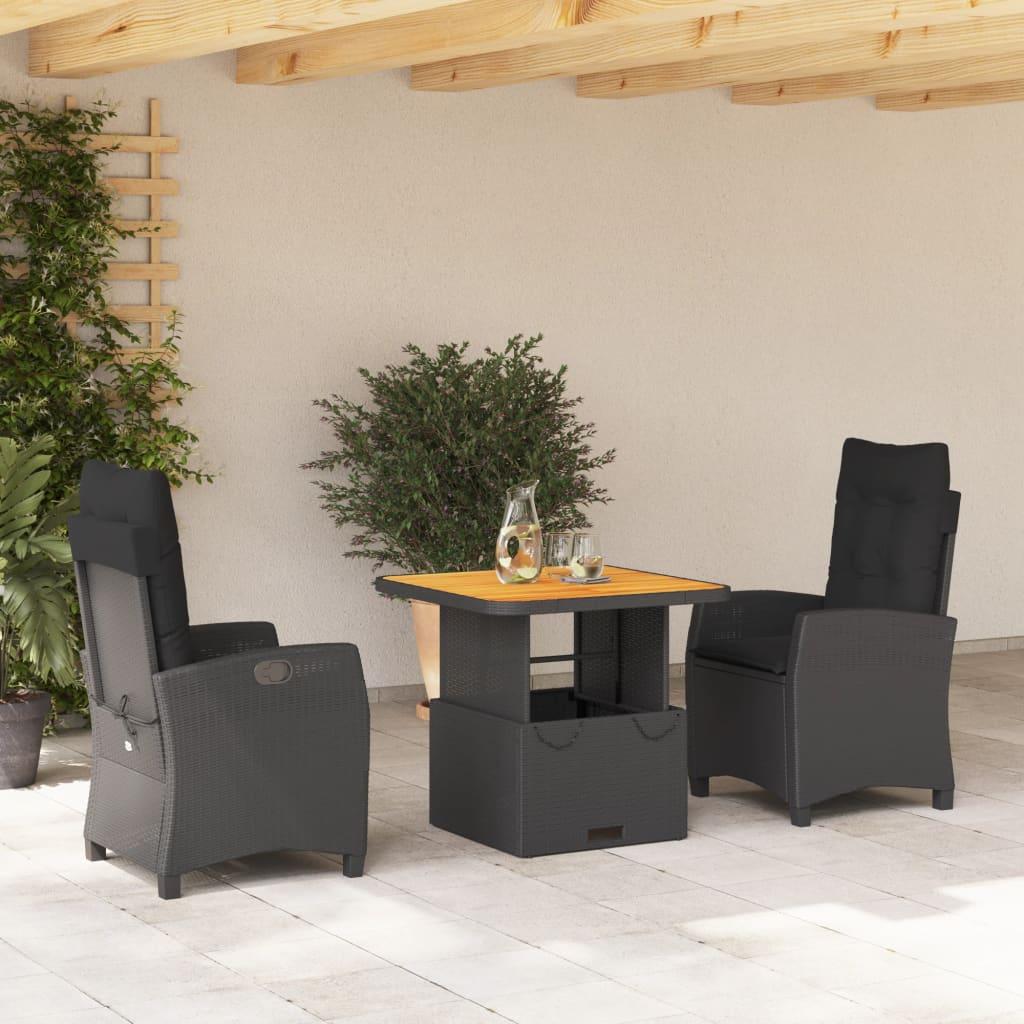 3 Piece Garden Dining Set with Cushions Black Poly Rattan
