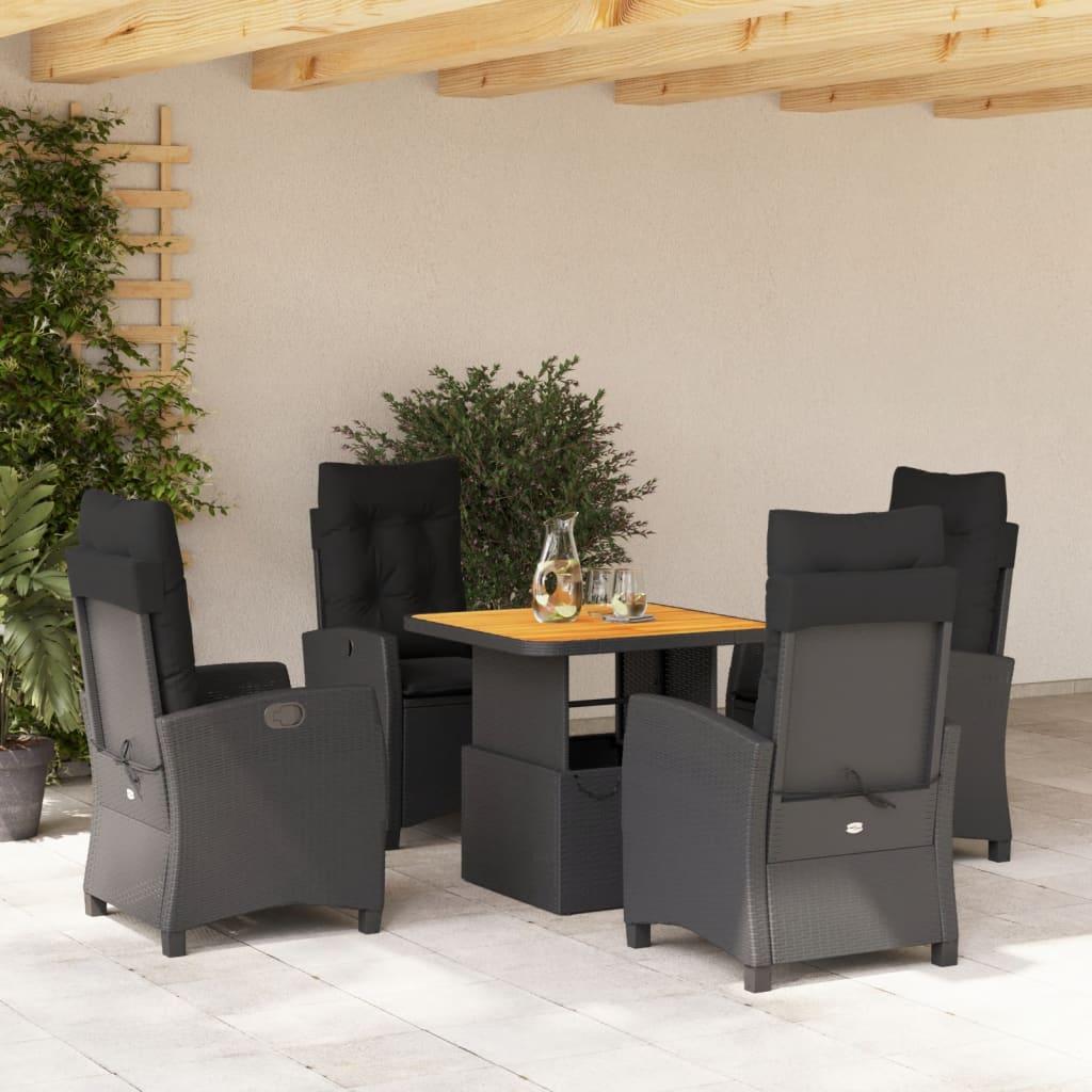 5 Piece Garden Dining Set with Cushions Black Poly Rattan