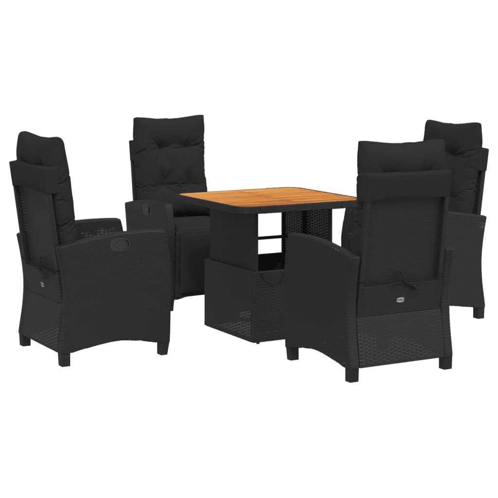 5 Piece Garden Dining Set with Cushions Black Poly Rattan